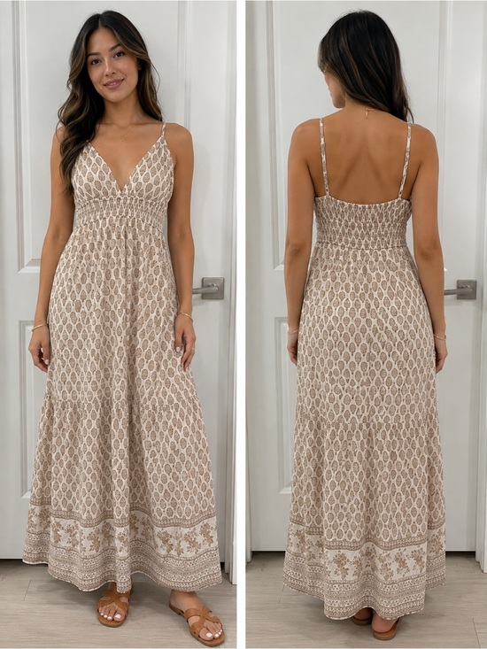 Sim & Sam Dresses & Skirts - Boho Neutral Print Maxi Dress with Smocked Bodice